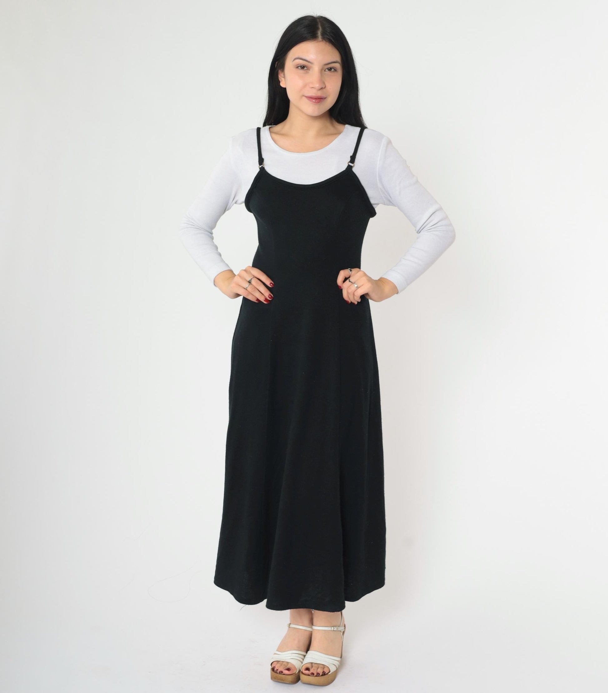 90s Black Midi Dress White Lace-Up Back Attached Shirt Small