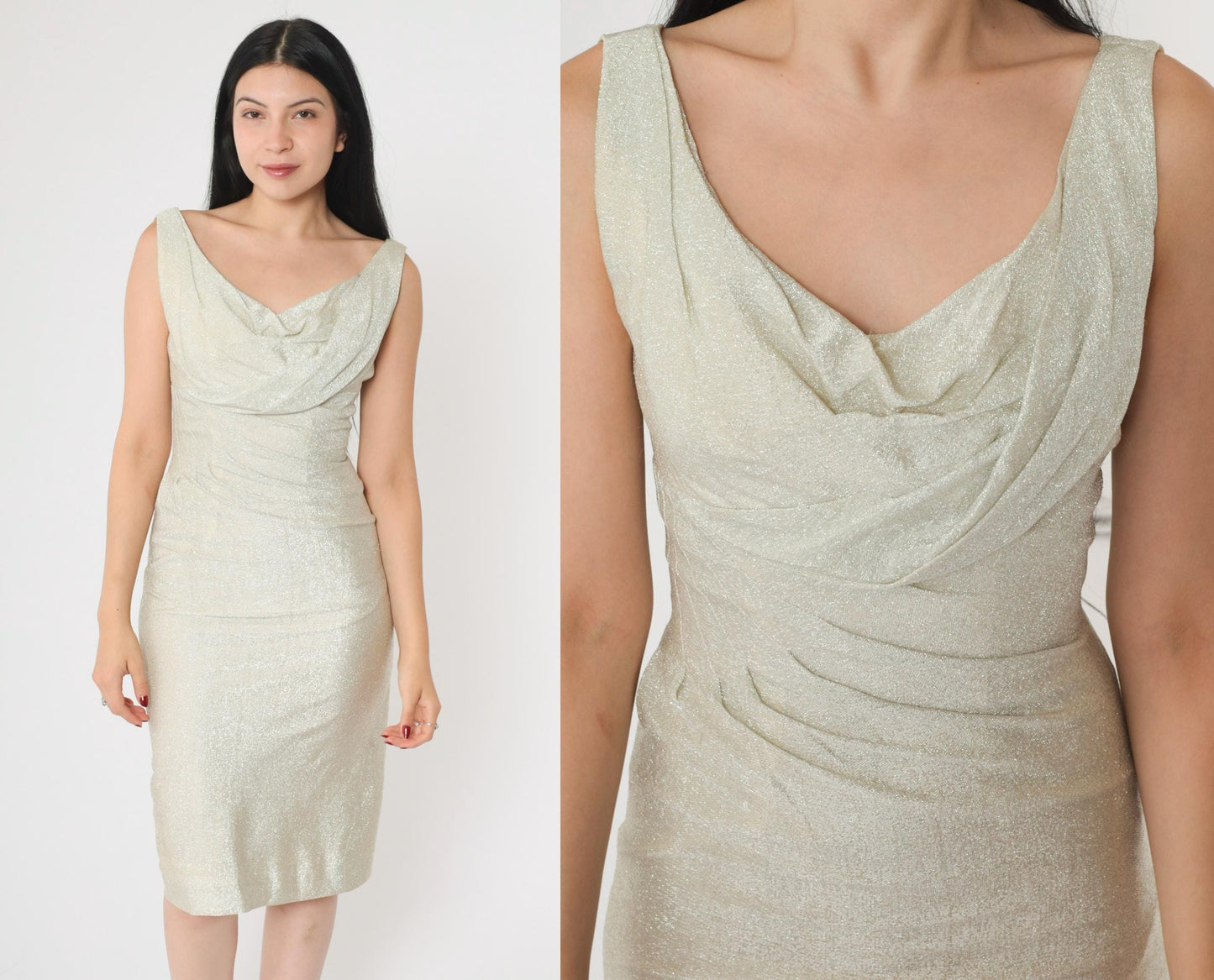 60s Silver Metallic Sheath Dress Draped Neckline Sleeveless Mod Party Extra Small