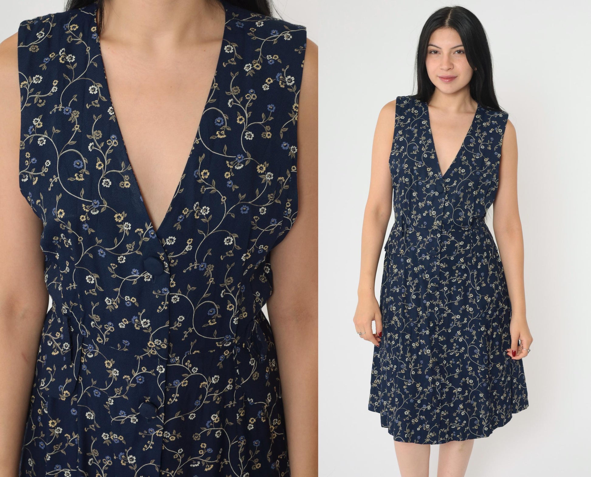 90s Navy Floral Jumper Dress Sleeveless V-Neck Mini Button-Up Small