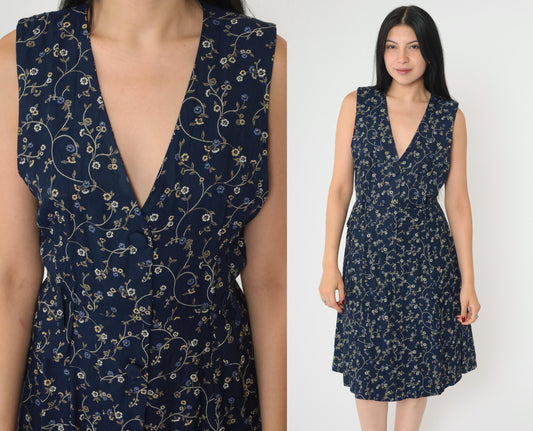 90s Navy Floral Jumper Dress Sleeveless V-Neck Mini Button-Up Small