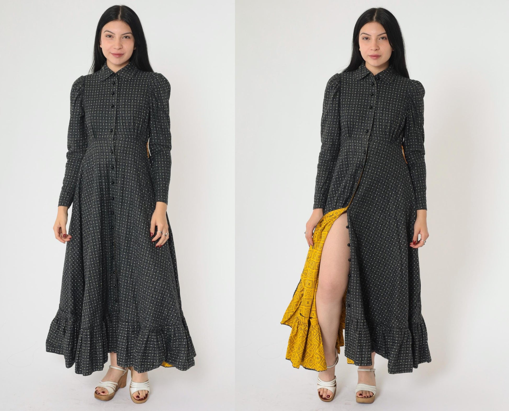 70s Black Floral Maxi Dress Peter Pan Collar Puff Sleeve High Waist Small