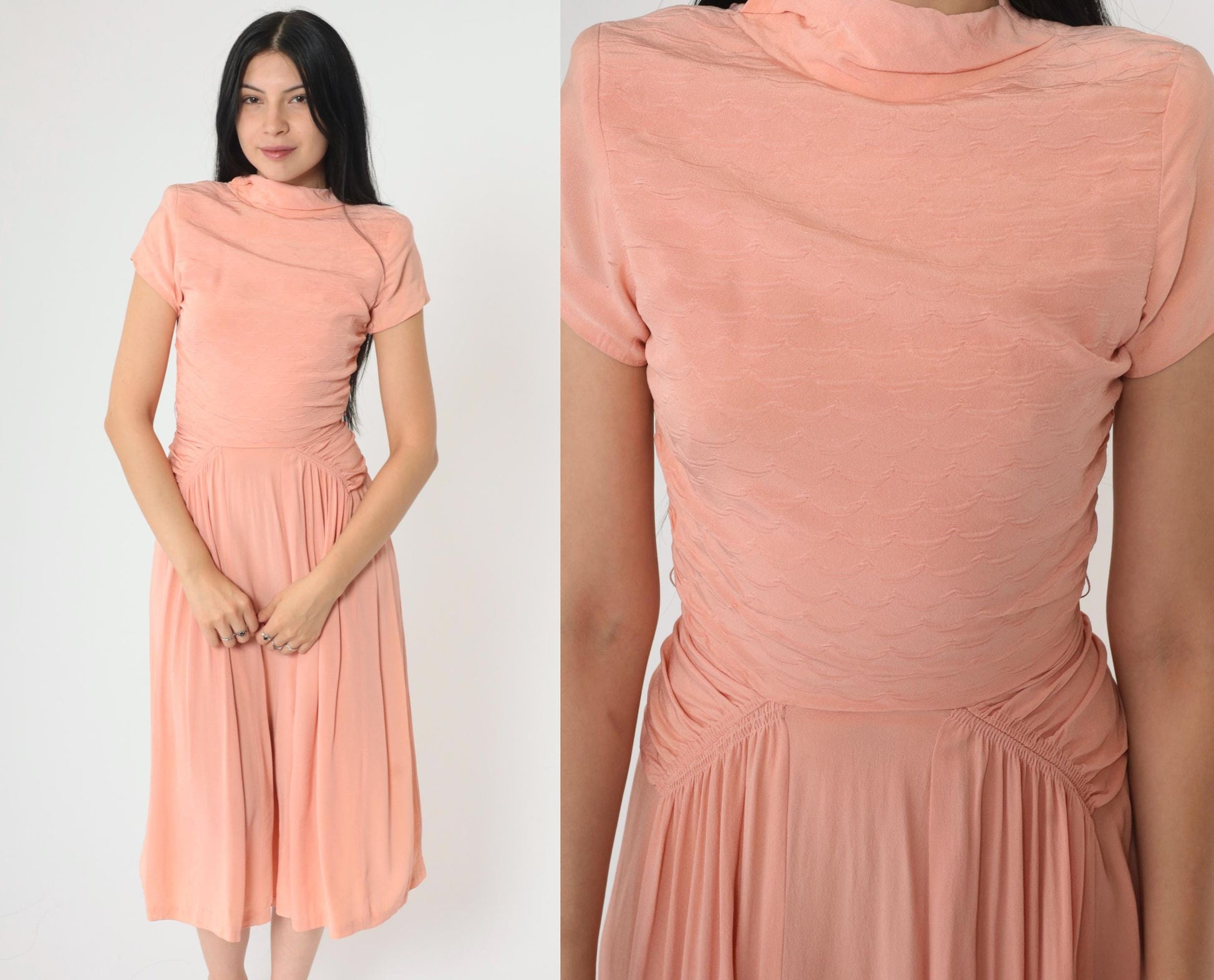 1940s Peach Party Dress Scalloped Bodice Ruched Waist Midi Extra Small