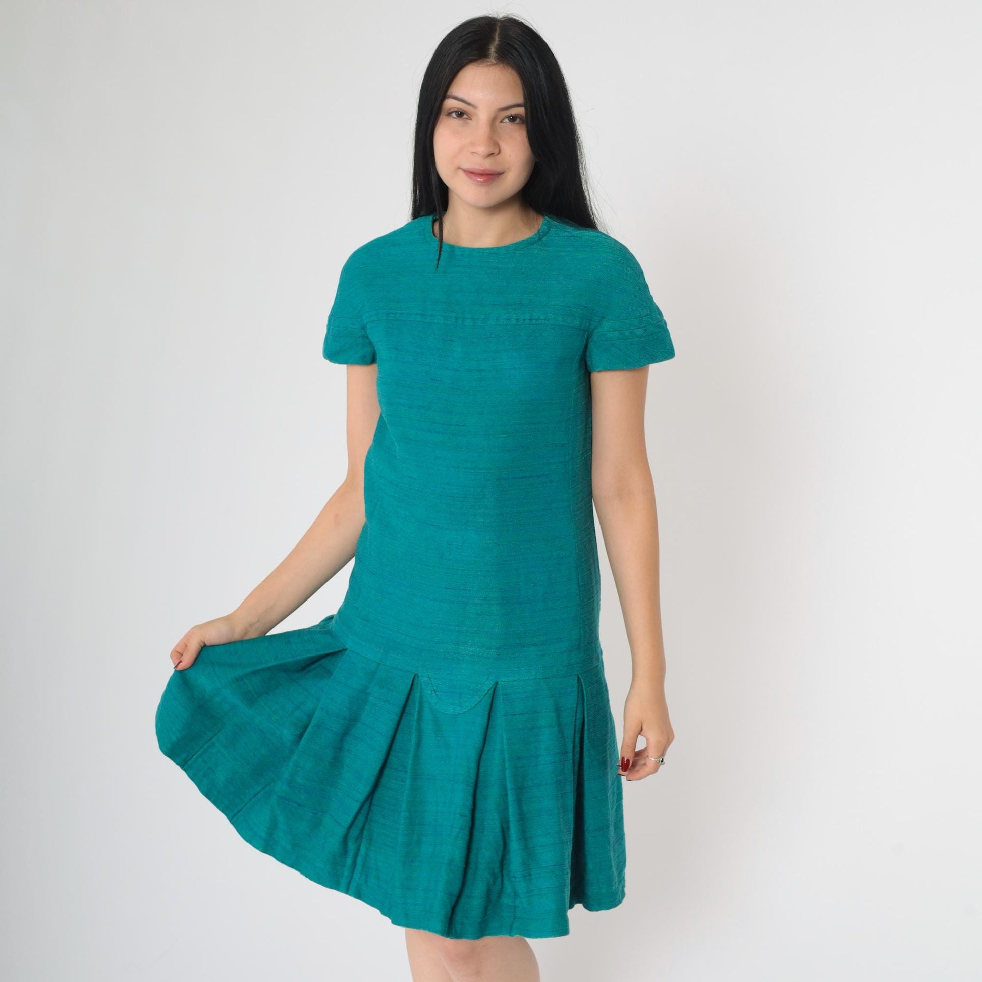60s Mod Mini Dress Teal Drop Waist Pleated Short Sleeve Extra Small