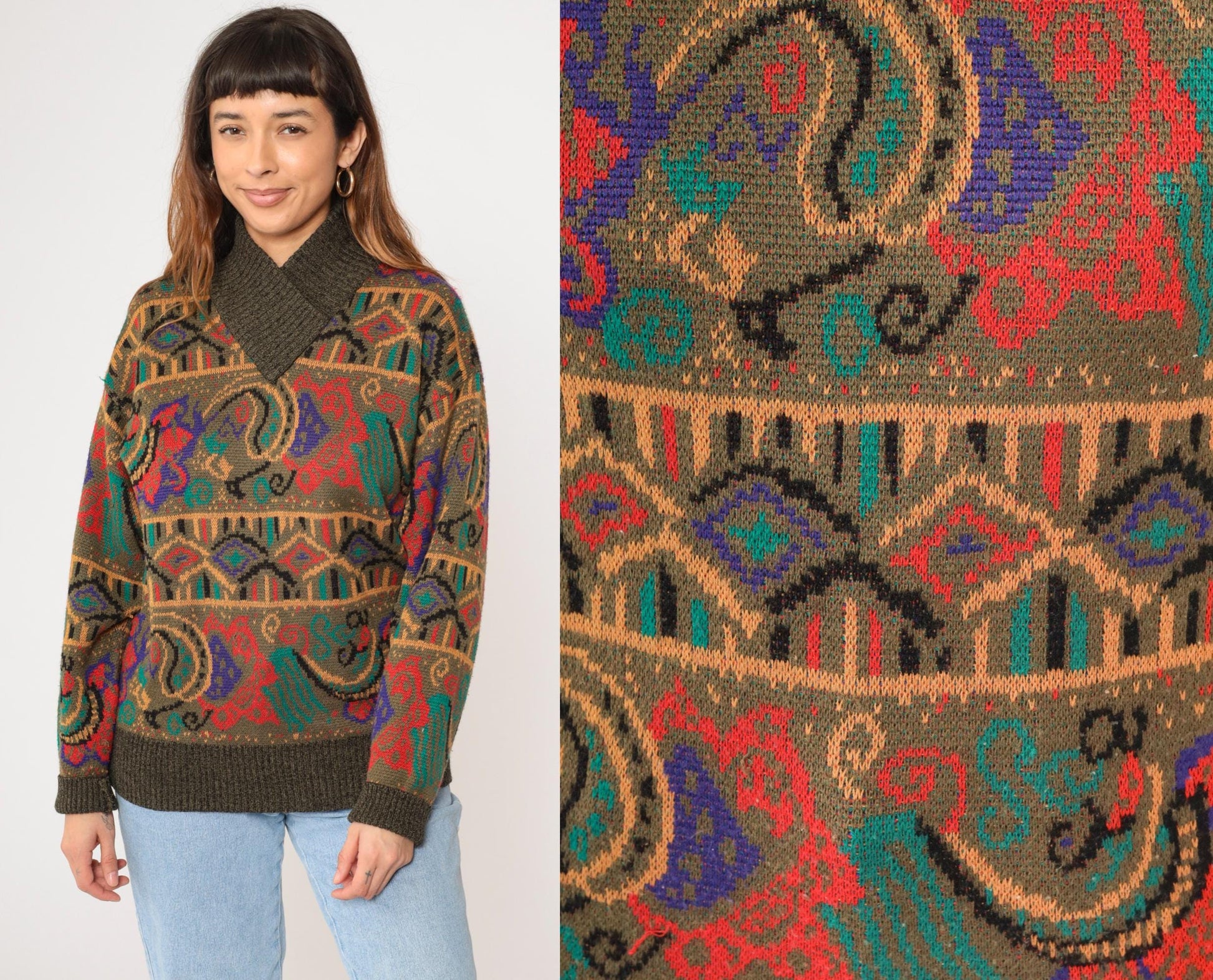80s Meister Wool Blend Sweater Multicolor Paisley Shawl Collar Medium Large