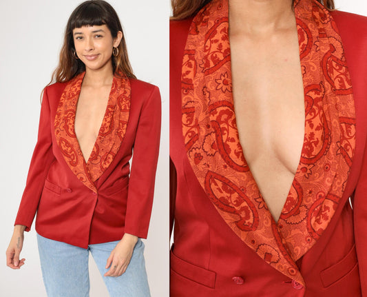 90s Byblos Red Wool Blazer Paisley Shawl Collar Double Breasted Small