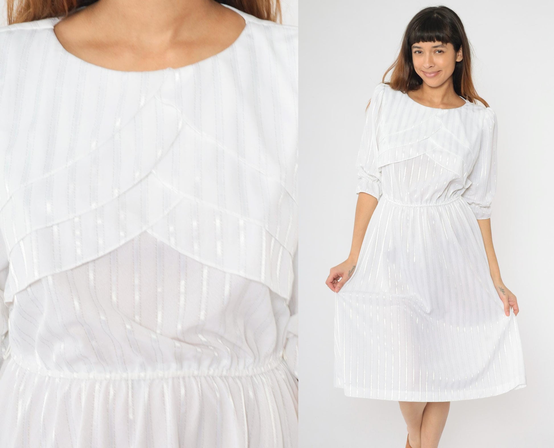 80s White Striped Midi Dress Puff Sleeve High Waist Semi-Sheer Medium M