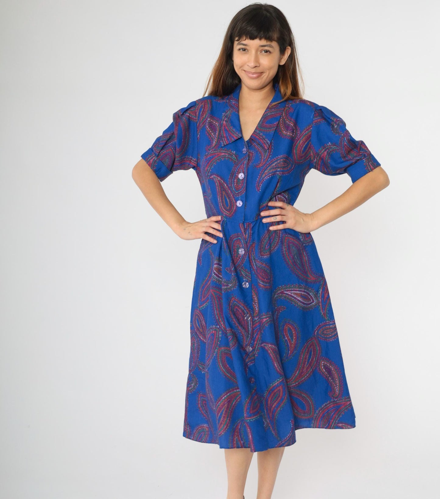 80s Paisley Midi Shirtdress Royal Blue High Waist Puff Sleeve Button Up Medium