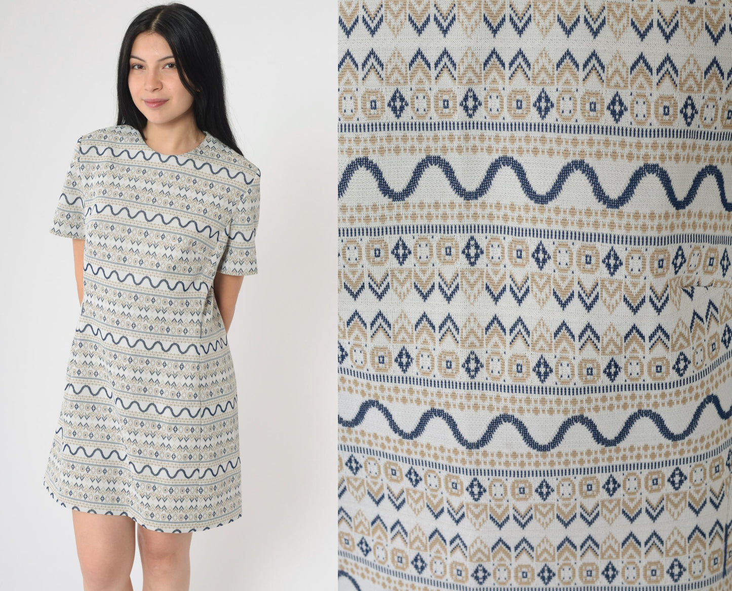60s Geometric Shift Mini Dress Grey Navy Tan Short Sleeve Medium