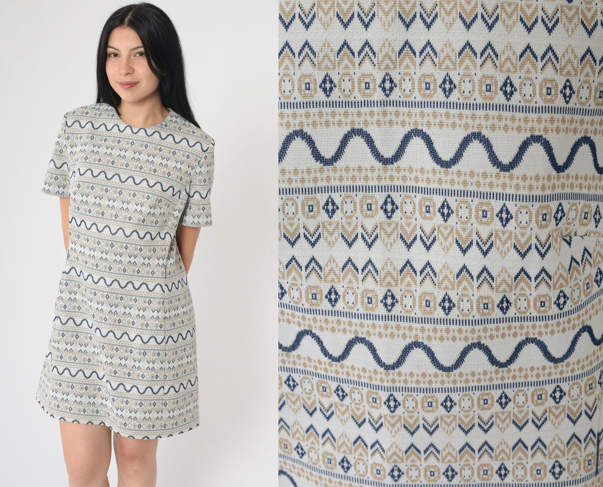 60s Geometric Shift Mini Dress Grey Navy Tan Short Sleeve Medium