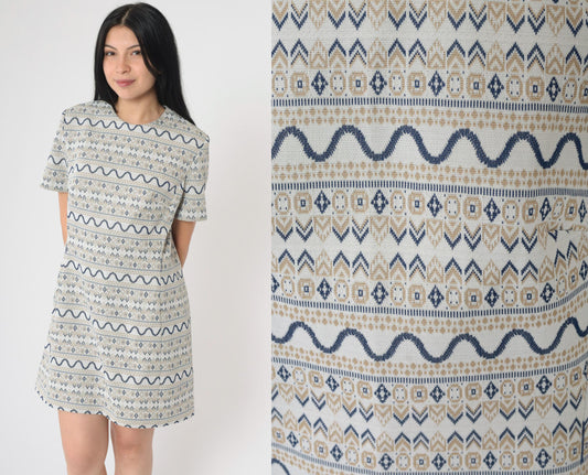 60s Geometric Shift Mini Dress Grey Navy Tan Short Sleeve Medium