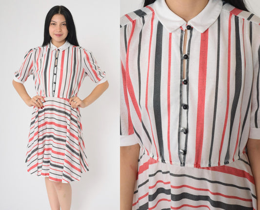 80s Striped Puff Sleeve Dress White Red Black Knee Length Button Up Medium