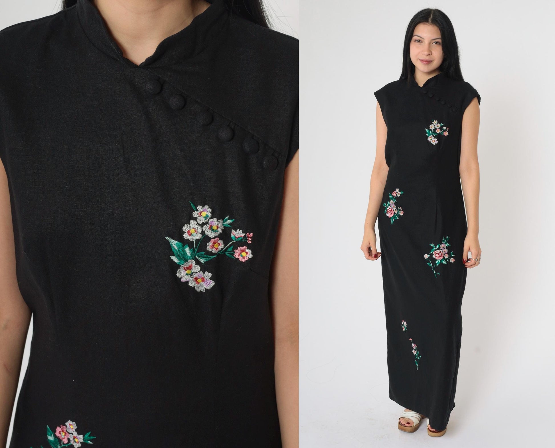 90s Dress Barn Cheongsam Maxi Black Floral Embroidered Mandarin Collar Medium 8