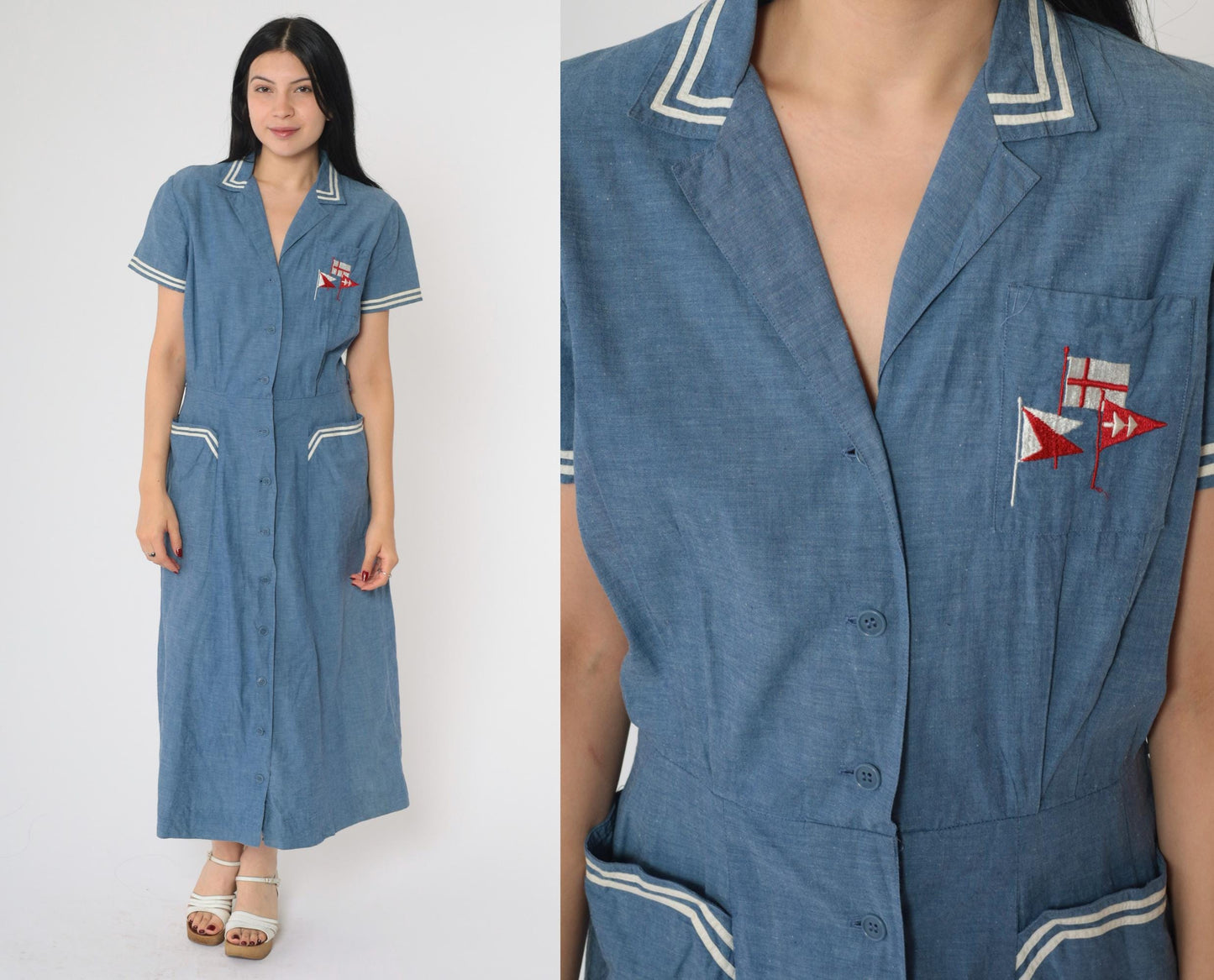80s Nautical Chambray Shirt Dress Embroidered Flags Midi Blue Small Medium