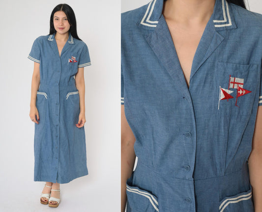 80s Nautical Chambray Shirt Dress Embroidered Flags Midi Blue Small Medium