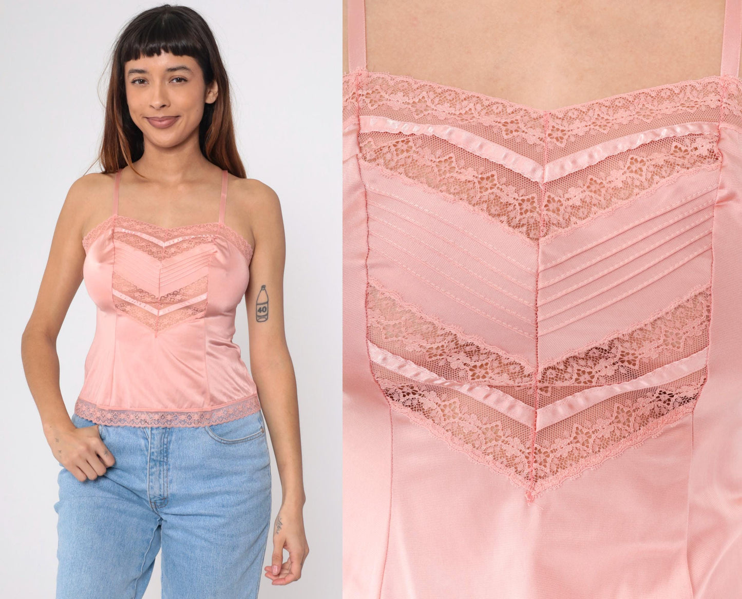 70s Formfit Pink Lace Camisole Adjustable Spaghetti Strap Tank Extra Small