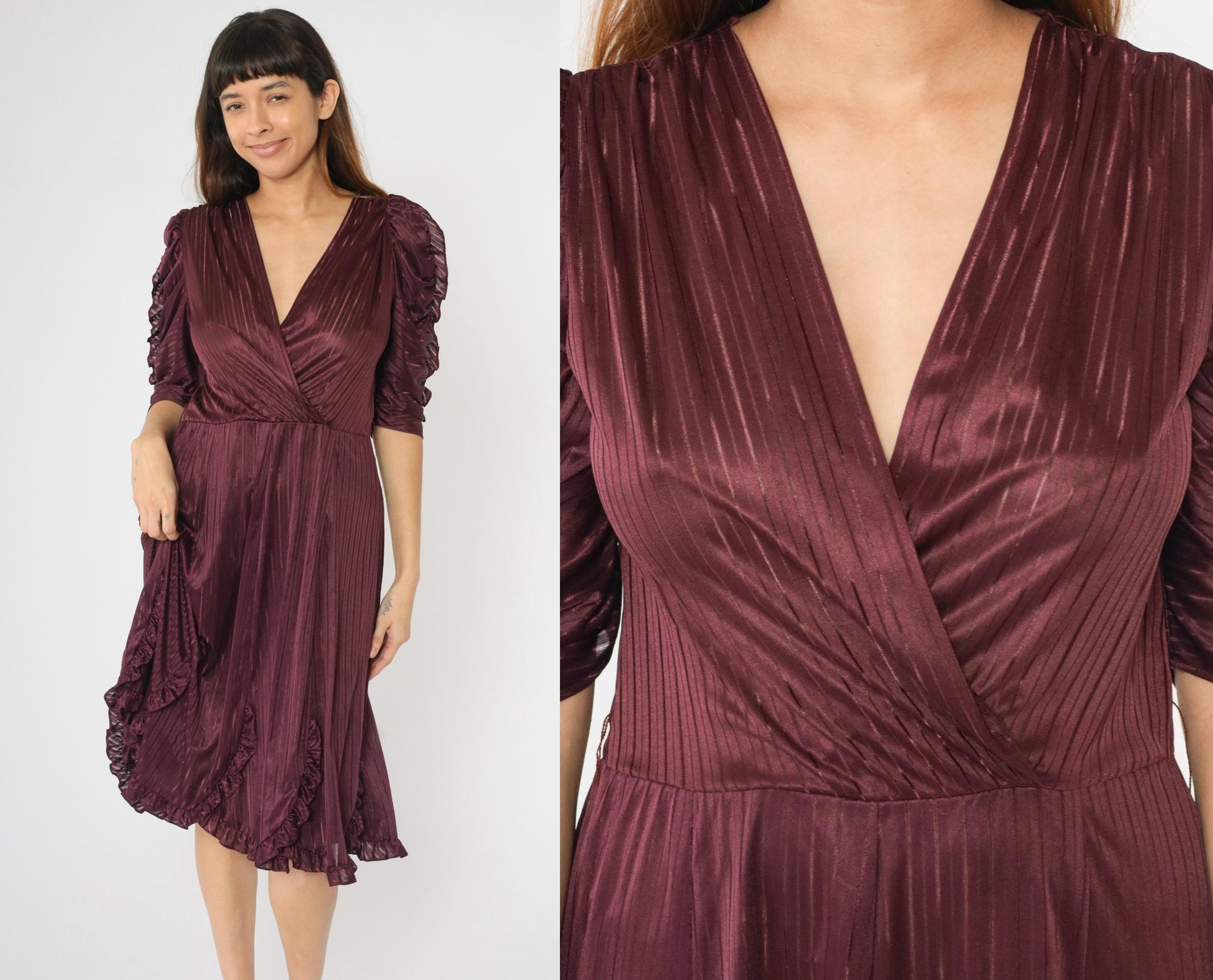 80s Plum Midi Dress Puff Sleeve Faux Wrap V-Neck Sheer Striped Medium M