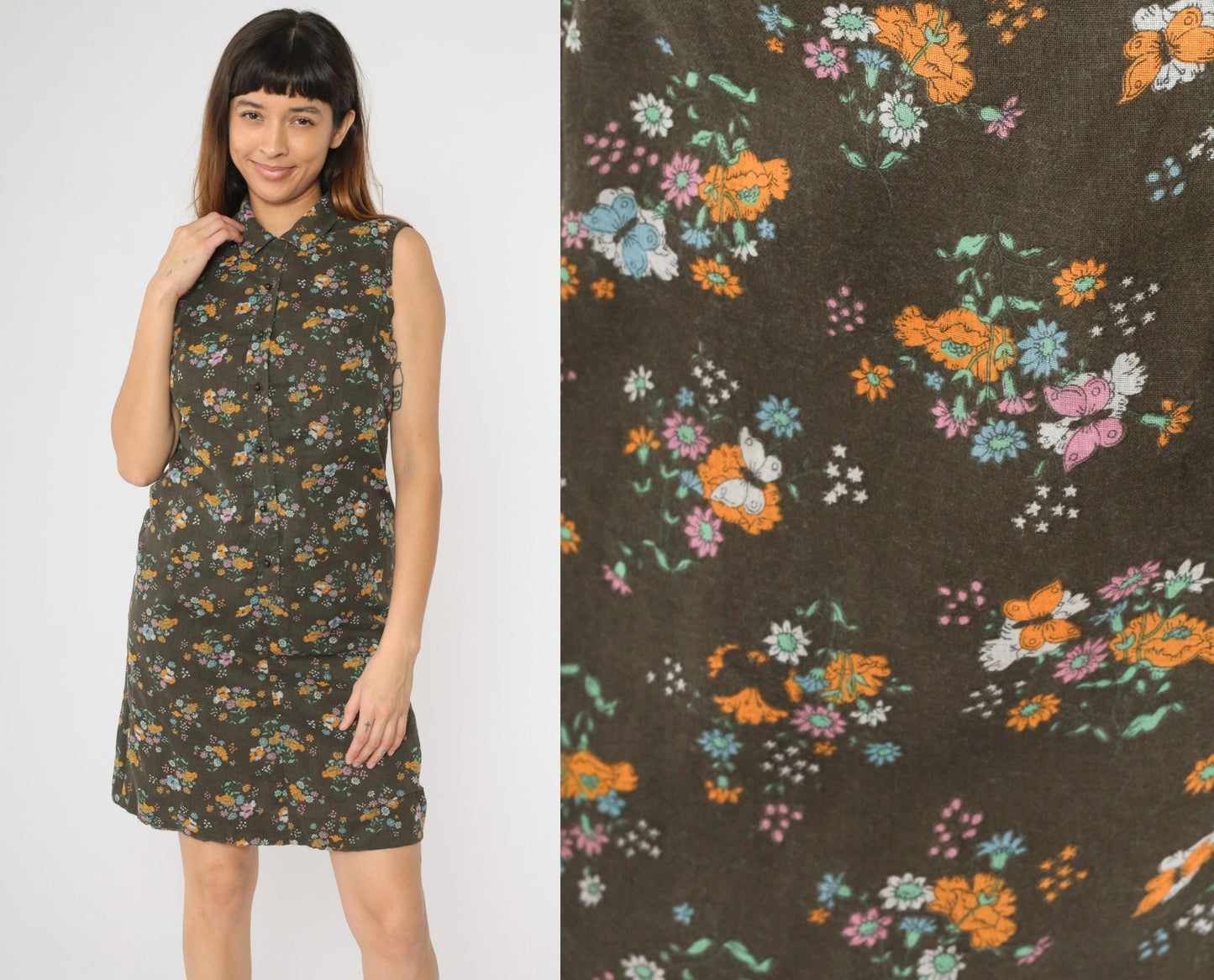 1960s Brown Floral Butterfly Shift Dress Sleeveless Button-Up Small