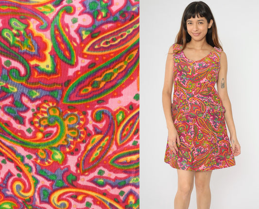 60s Pincord Psychedelic Paisley Corduroy Mini Dress Pink Scoop Neck Small