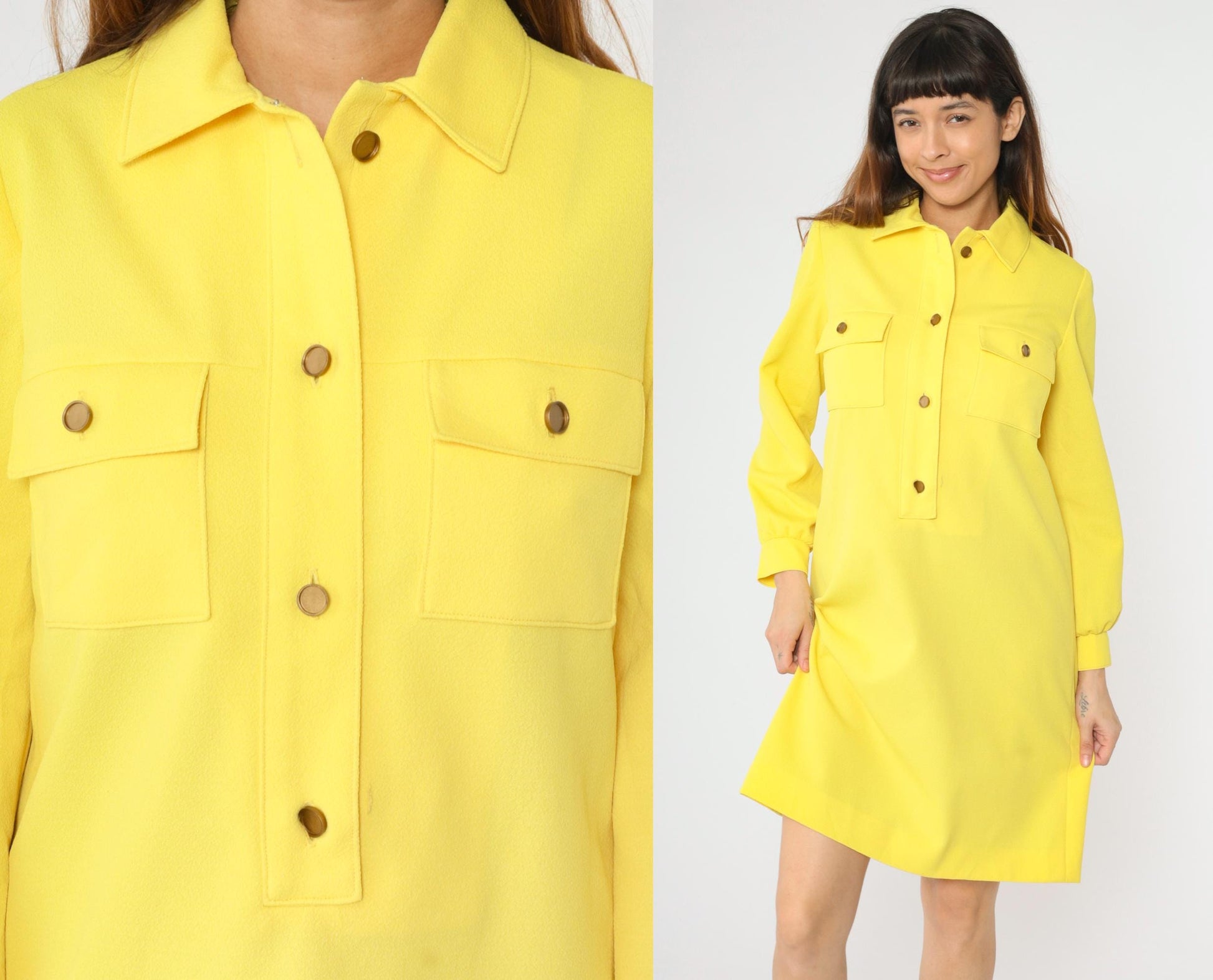 1970s L'Aiglon Yellow Knit Mod Shift Dress Button Front Pockets Small