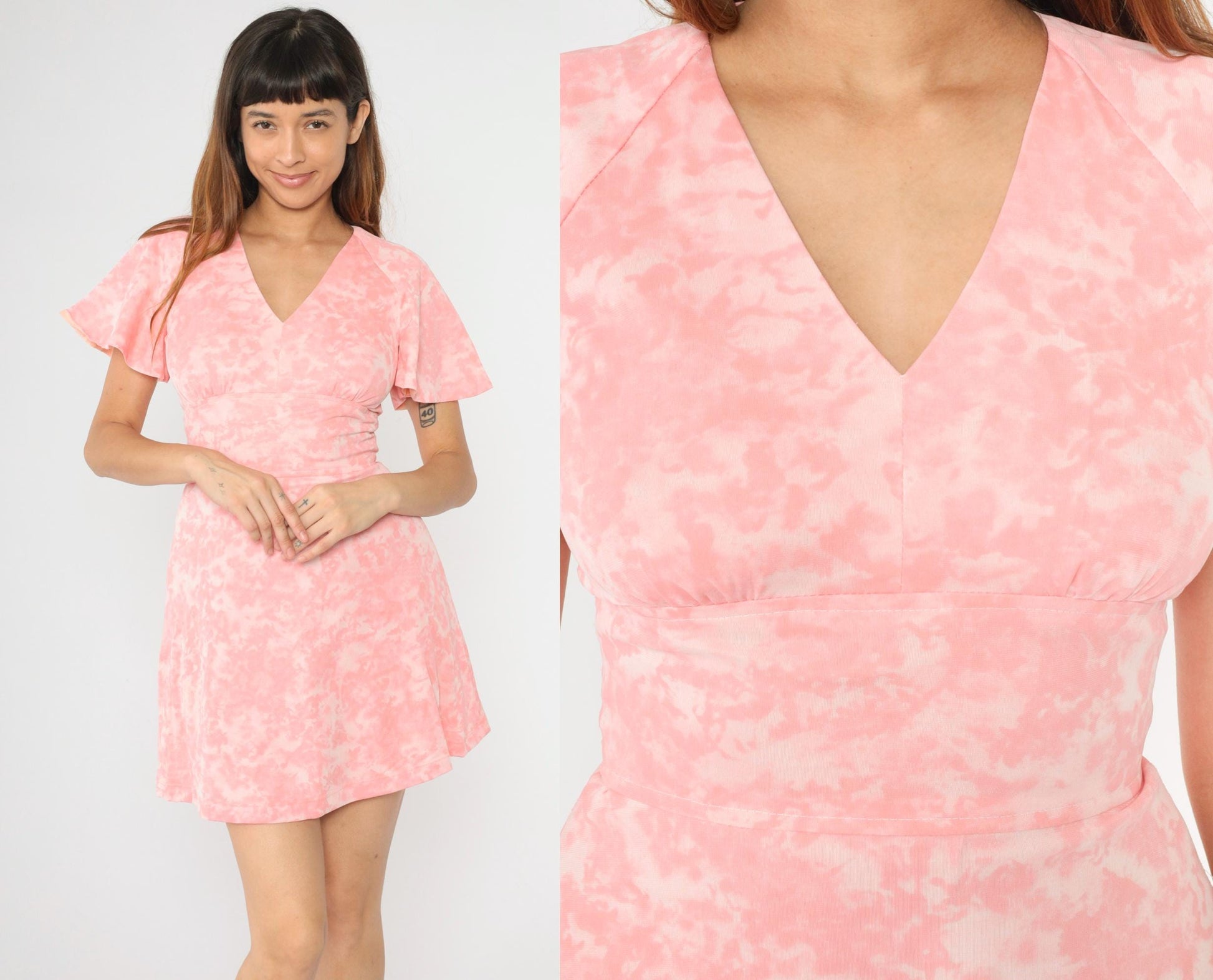 60s Pink Tie Dye Babydoll Mini Dress Flutter Sleeve Empire Waist Small