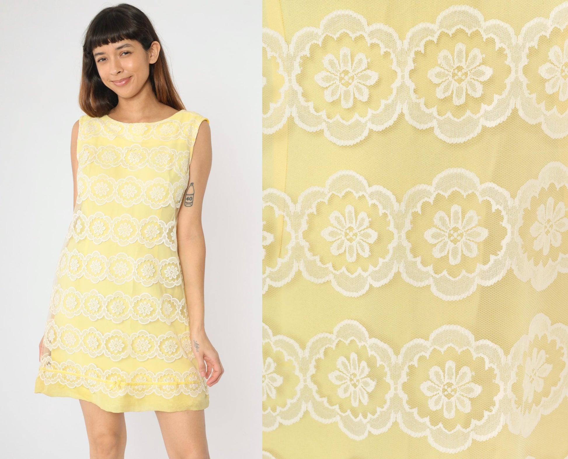 60s Yellow Lace Shift Mini Dress White Floral Overlay Sleeveless Small