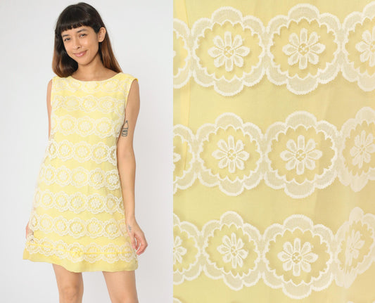60s Yellow Lace Shift Mini Dress White Floral Overlay Sleeveless Small