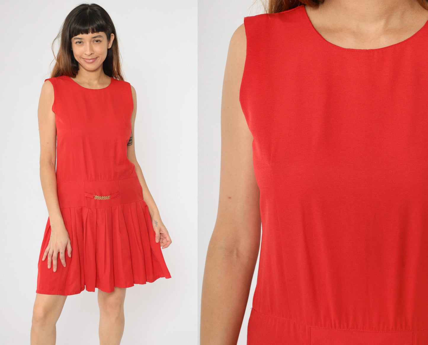 90s Red Mod Shift Dress Drop Waist Pleated Gold Accent Small S