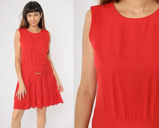 90s Red Mod Shift Dress Drop Waist Pleated Gold Accent Small S