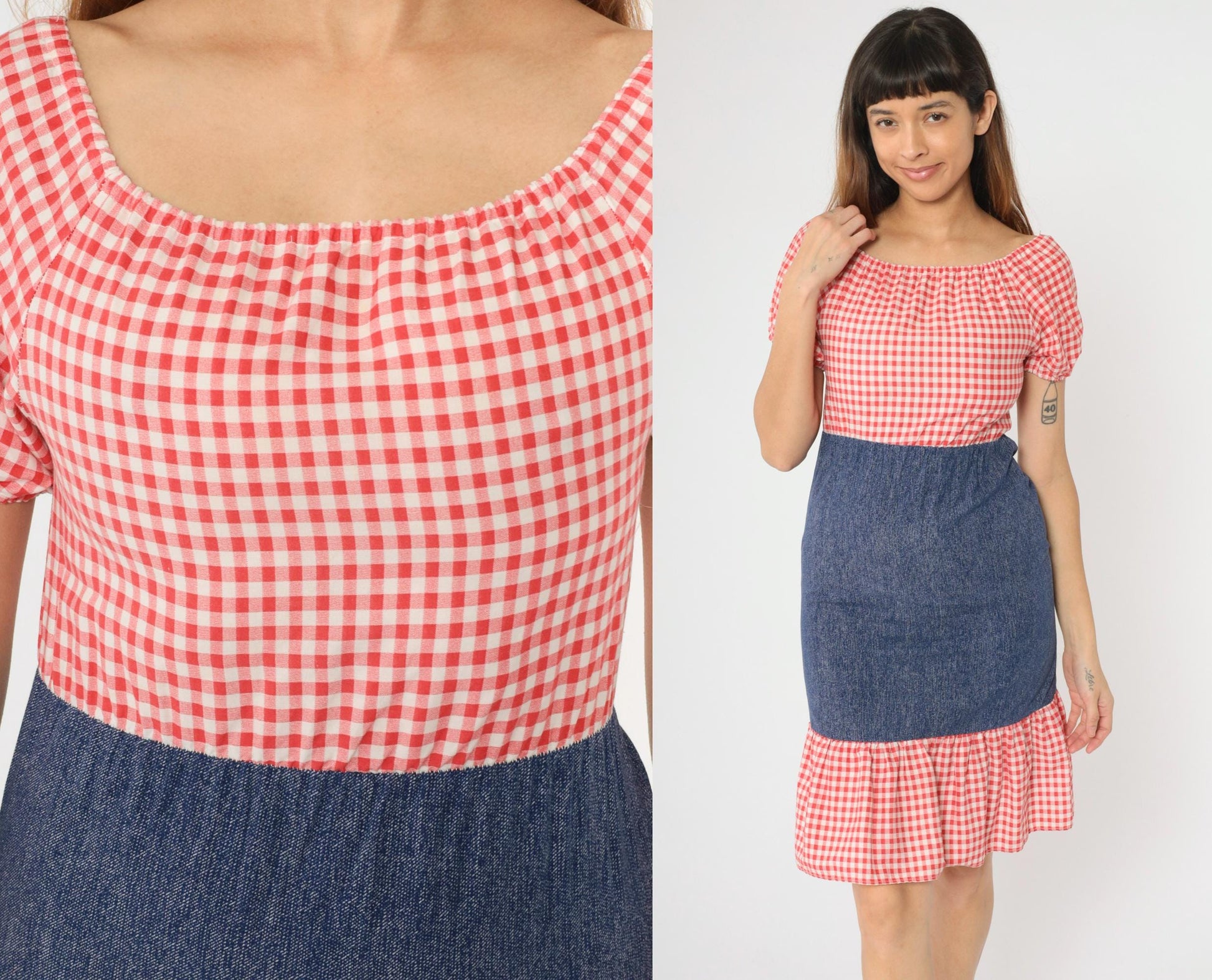 70s Red Gingham Peasant Dress Puff Sleeve Mini Chambray Skirt 2XS