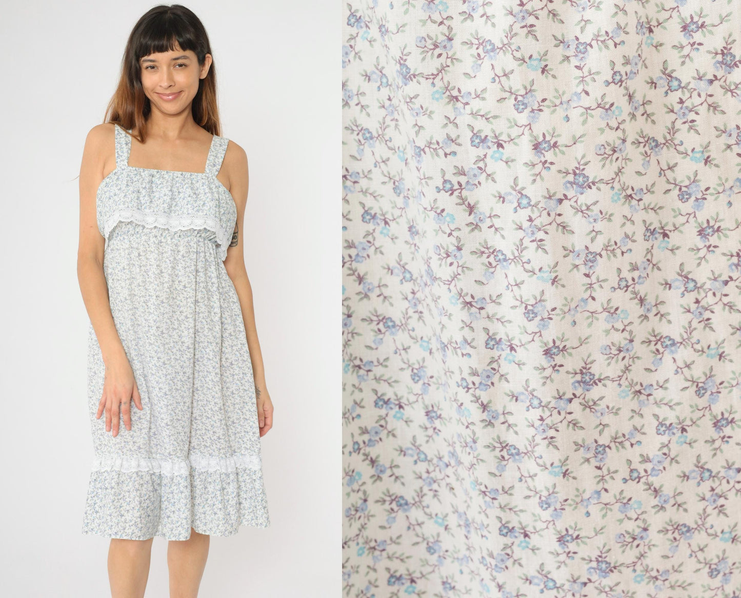 70s Floral Midi Dress Empire Waist Ruffle Lace Trim Blue White Small