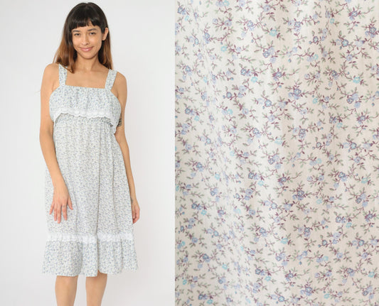 70s Floral Midi Dress Empire Waist Ruffle Lace Trim Blue White Small
