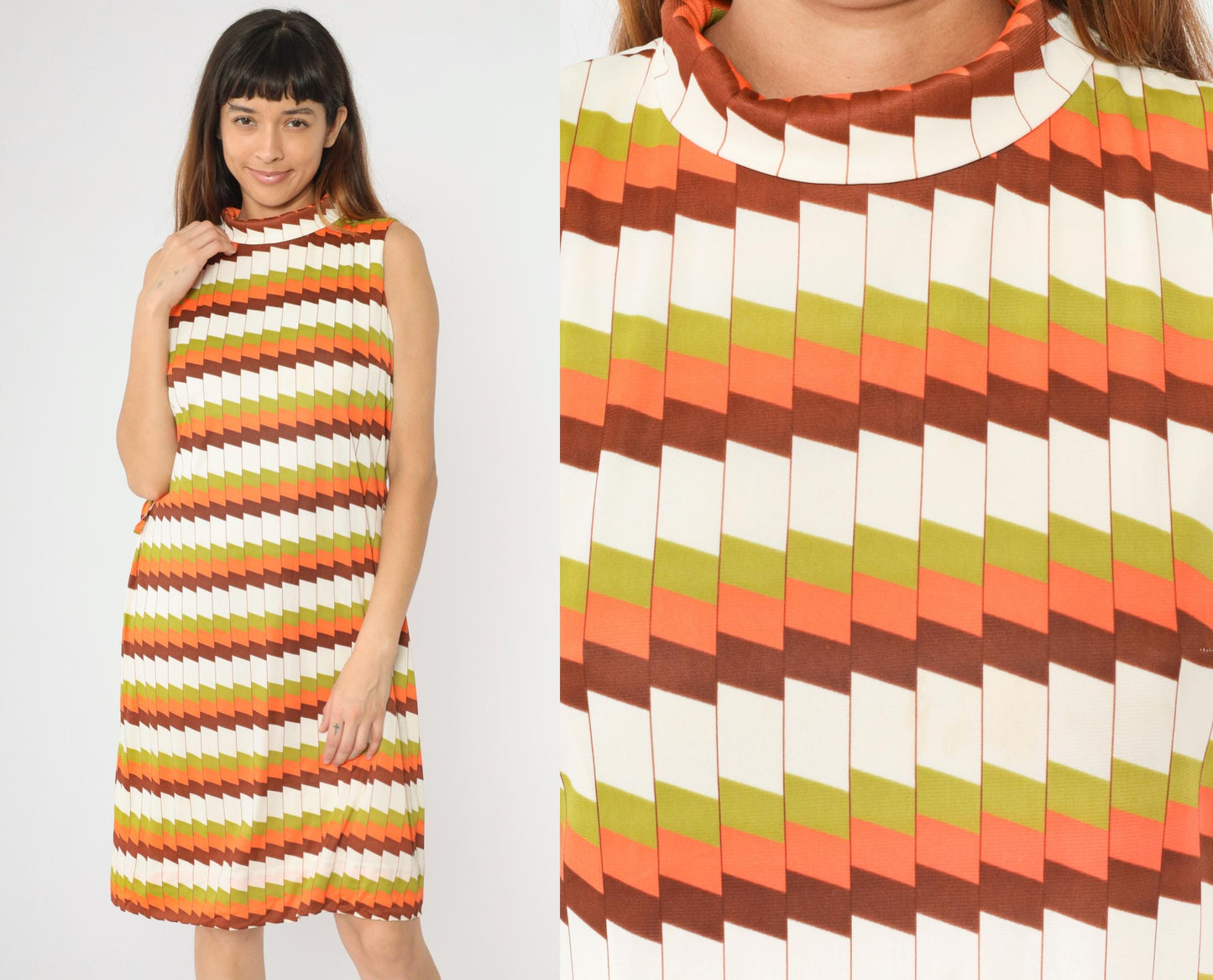 60s Mod Shift Dress Geometric Striped Mock Neck Knee-Length Green Orange Medium