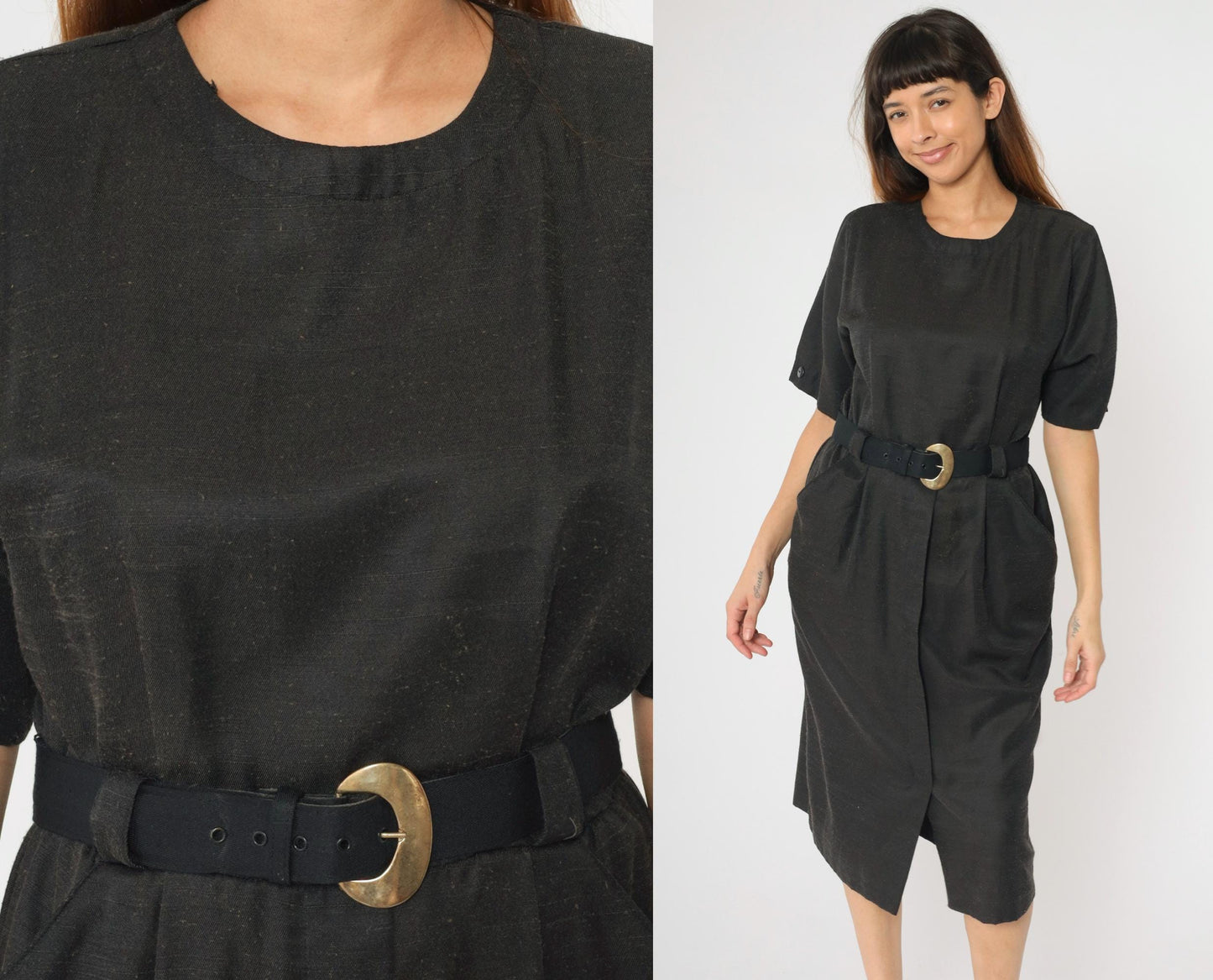 80s Black Midi Dress Button Back High Waist Belt Gold Buckle Medium Petite
