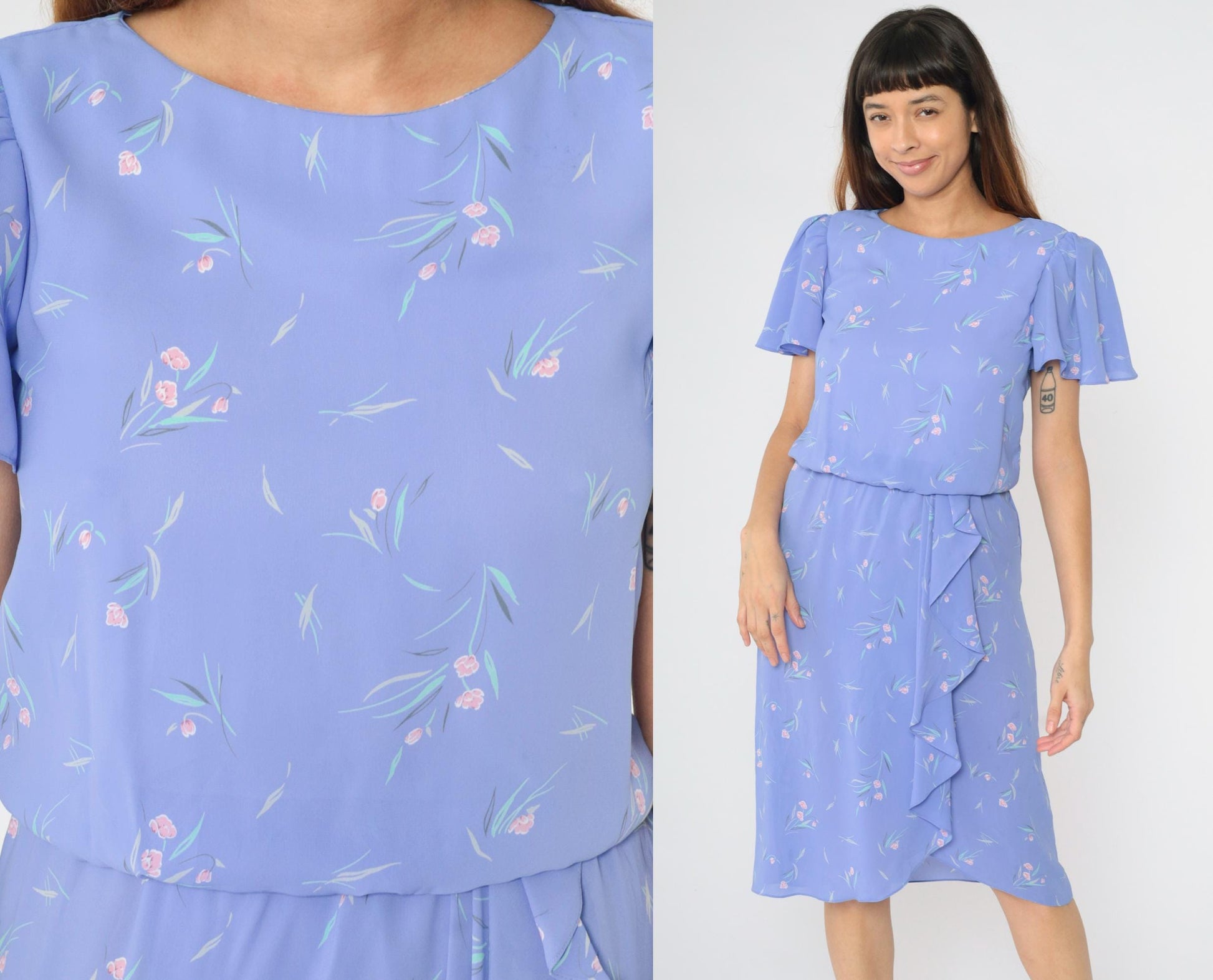 1970s Lavender Floral Midi Dress Flutter Sleeves Blouson Wrap Small
