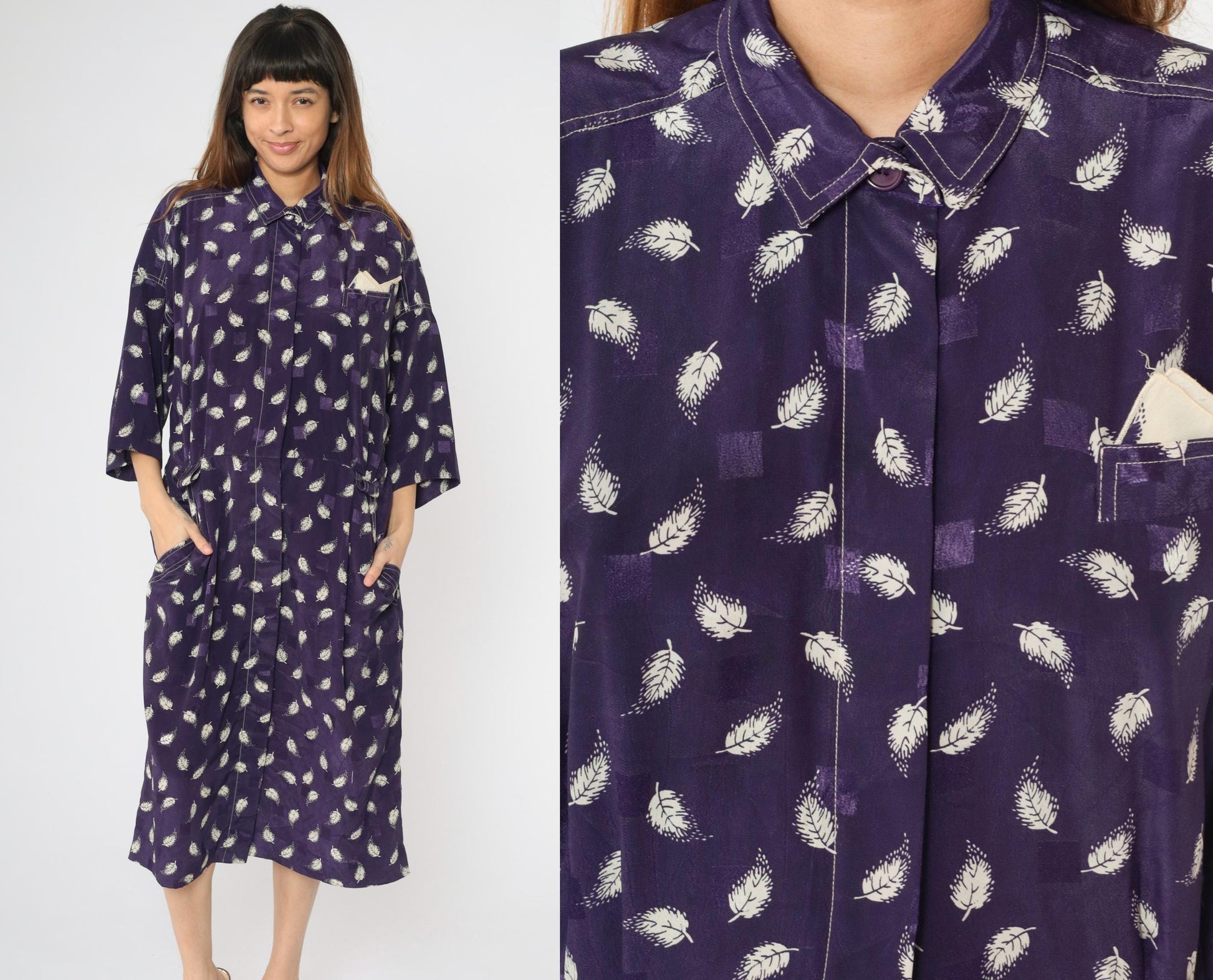 80s Leslie Fay Purple Leaf Embossed Grid Midi Shirtdress Large XL