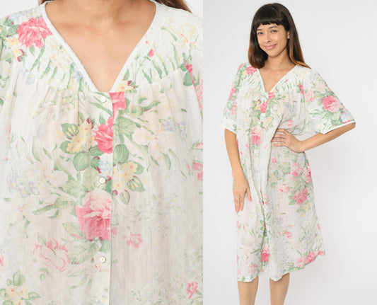 80s Floral Lounge Dress White Snap-Front Nightgown Pockets Extra Large