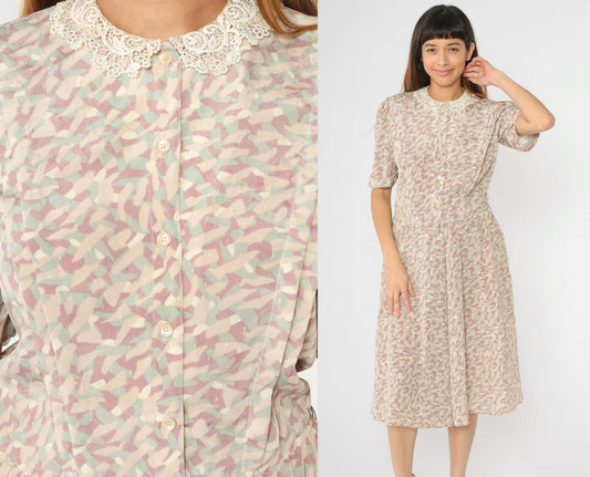 80s Jackie Taub Abstract Pastel Midi Dress Puff Sleeve Lace Collar Small