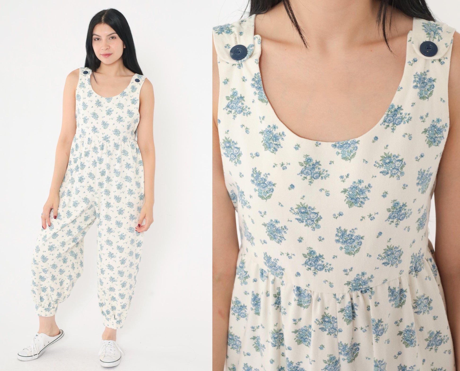80s Floral Jumpsuit Off-White Blue Sleeveless Harem Tapered Ankle Extra Small