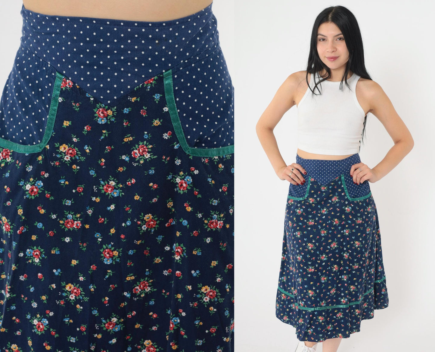 70s Gunne Sax Floral Midi Skirt Blue Polka Dot Calico Small