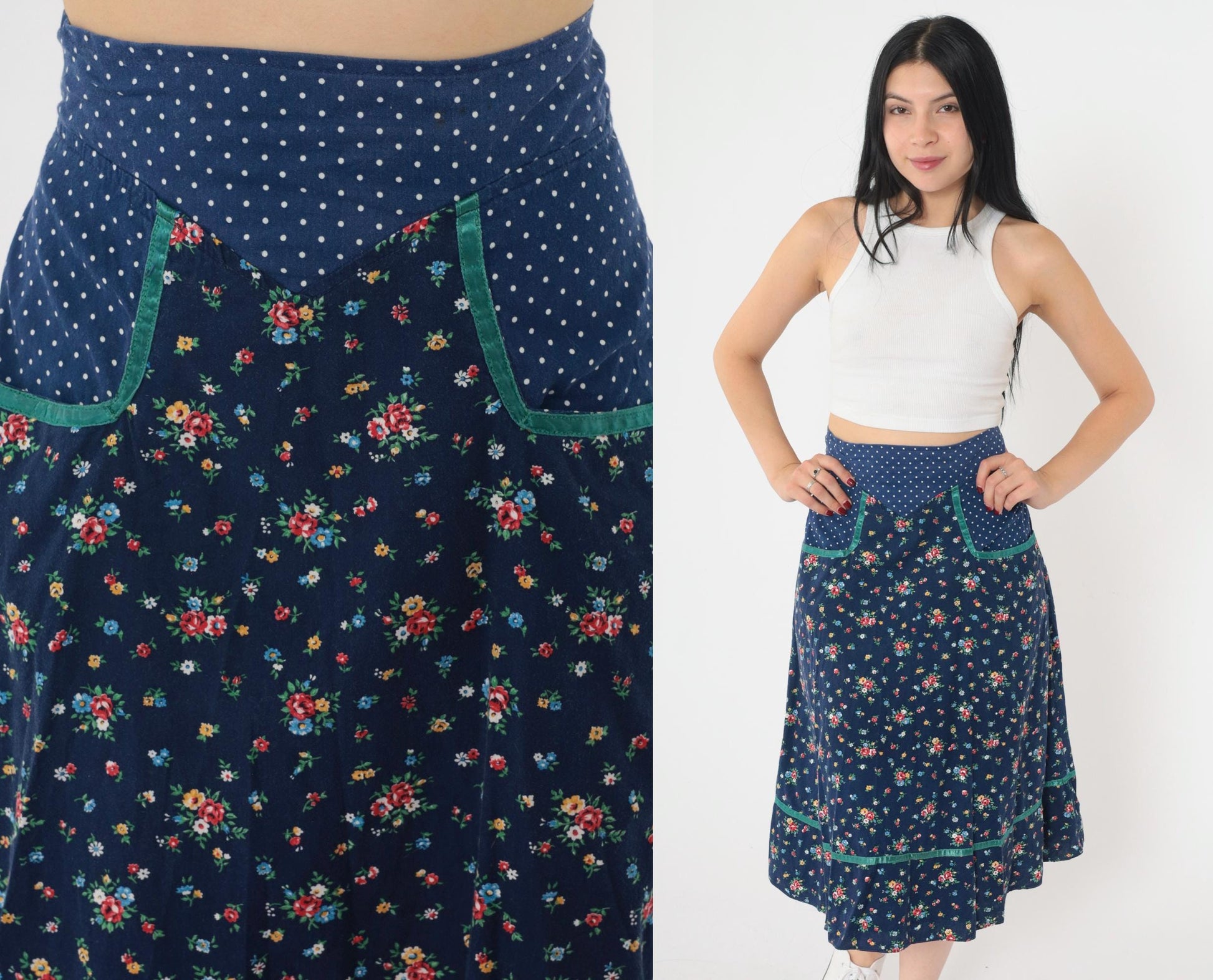 70s Gunne Sax Floral Midi Skirt Blue Polka Dot Calico Small