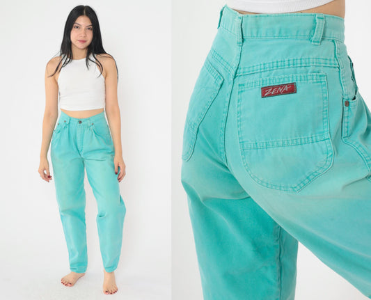 90s Zena Aqua Tapered Trousers High Waist Pleated Straight Leg Extra Small
