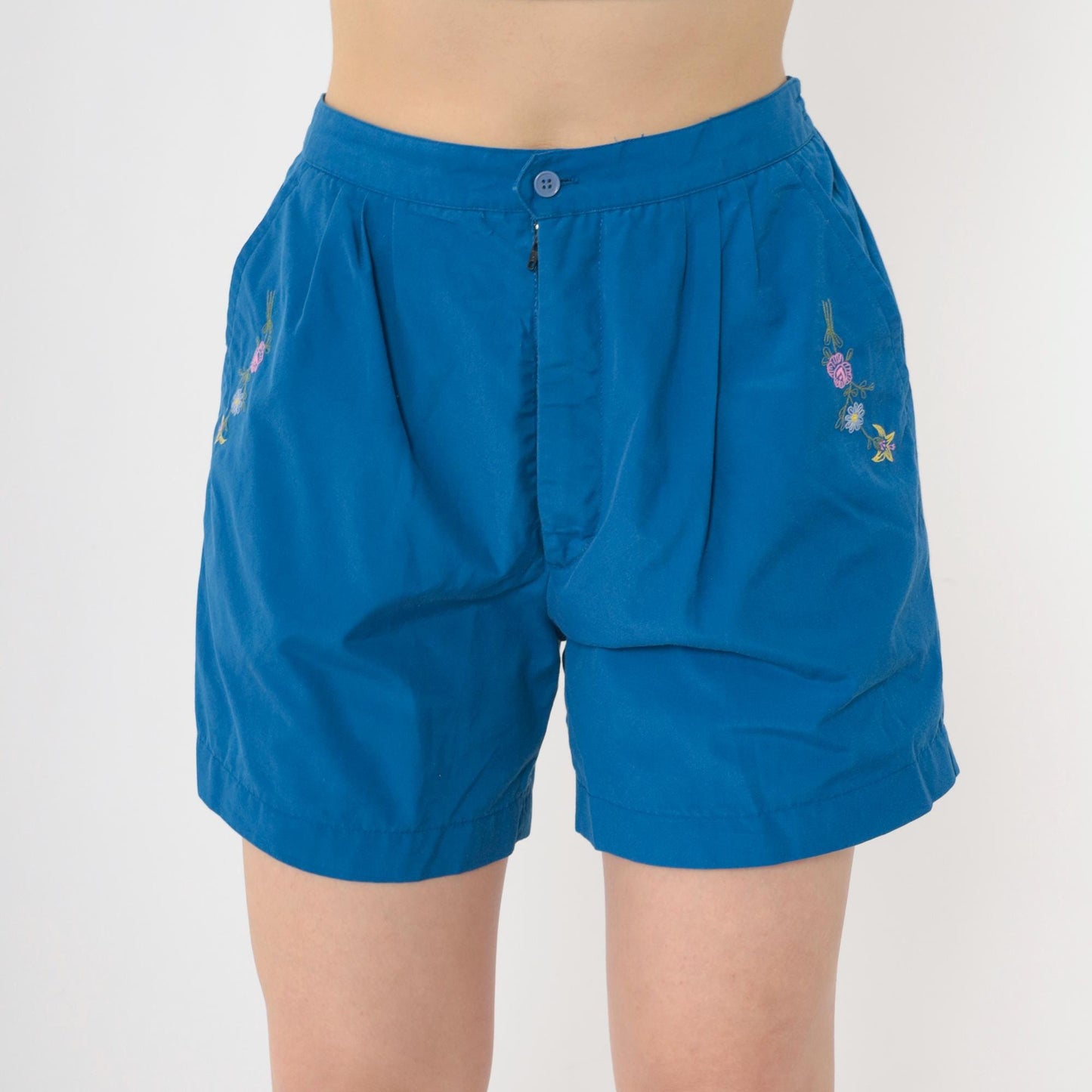 80s Blue Floral Embroidered High-Waist Shorts Pleated Elastic Waist Small