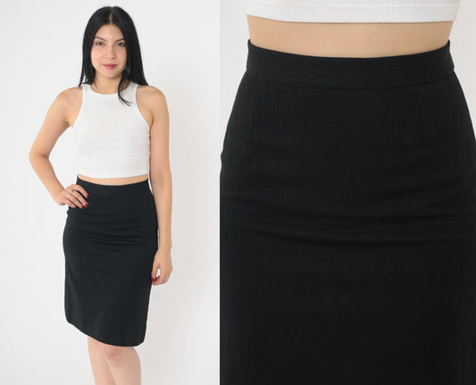70s Black Geometric Textured Pencil Skirt High Waist Mini Extra Small