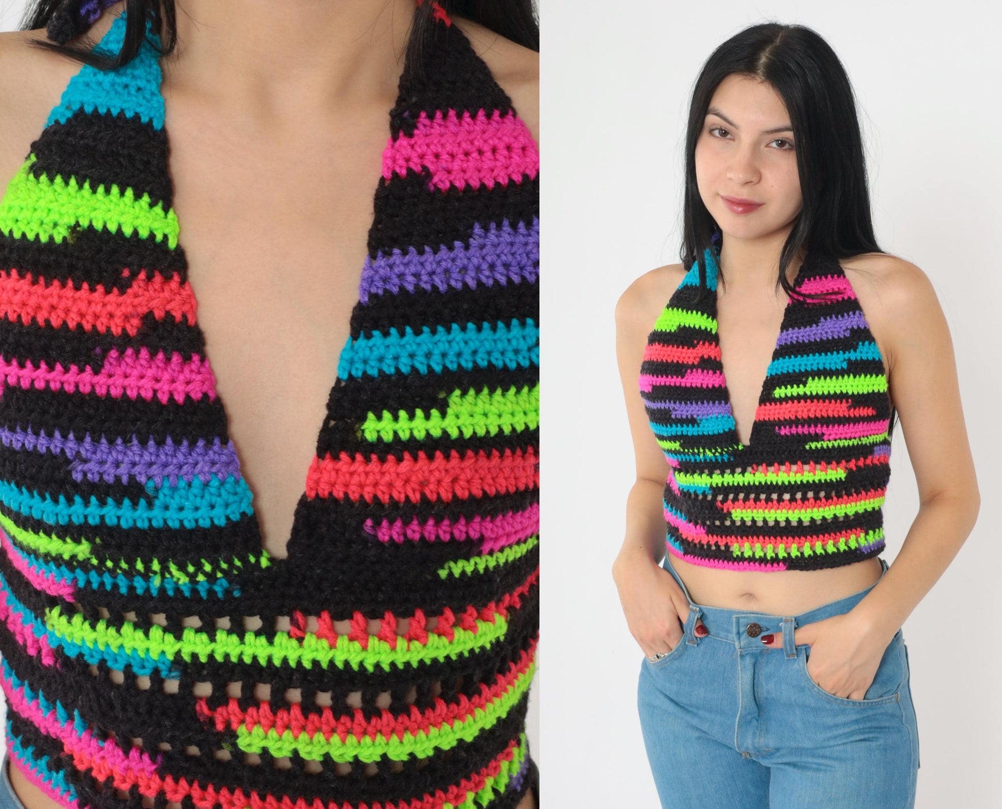 Y2K Neon Striped Crochet Halter Top Black V-Neck Tie-Back Small Medium