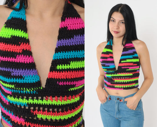 Y2K Neon Striped Crochet Halter Top Black V-Neck Tie-Back Small Medium