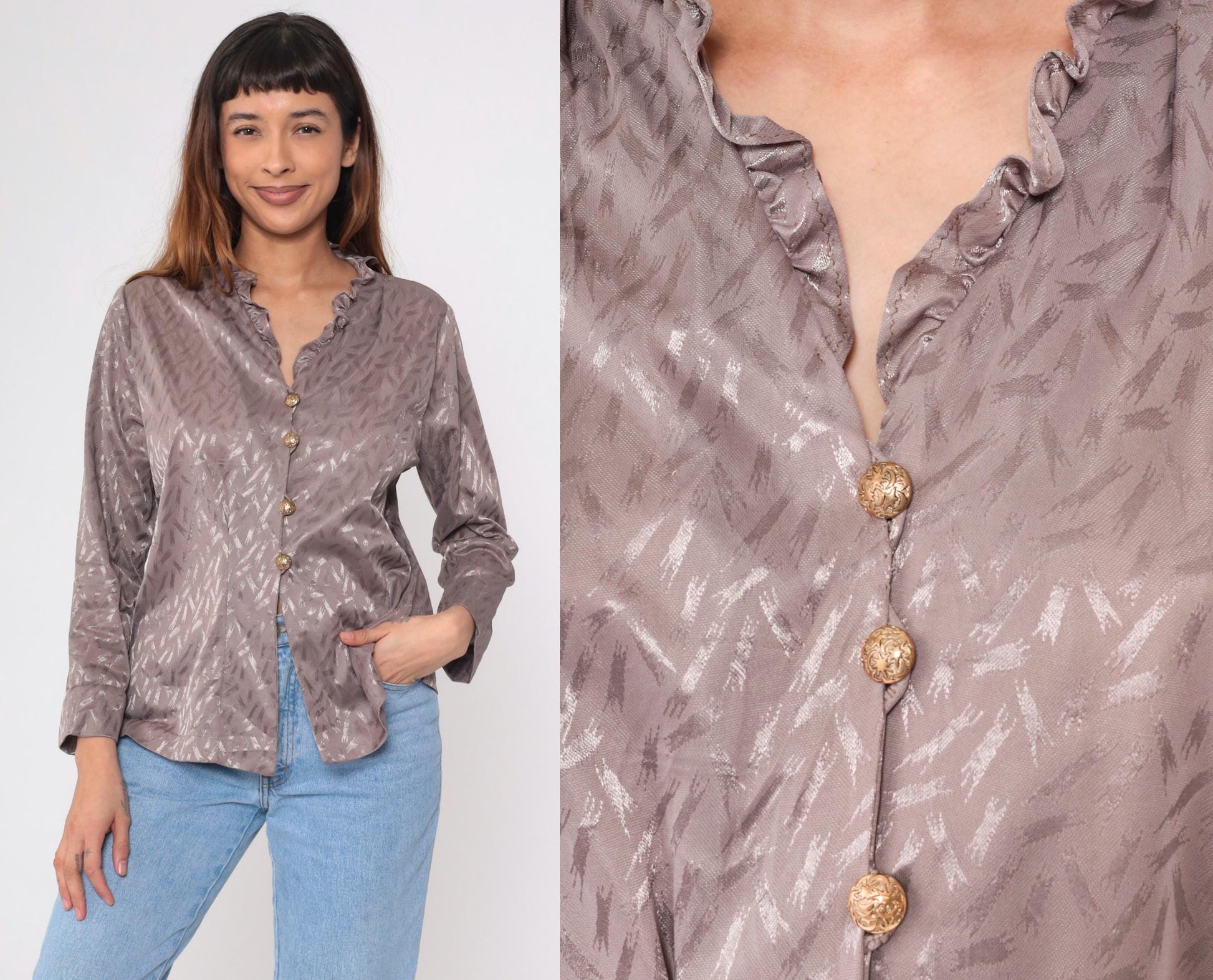 80s Taupe Jacquard Blouse Ruffle Collar Button Up Long Sleeve Large L
