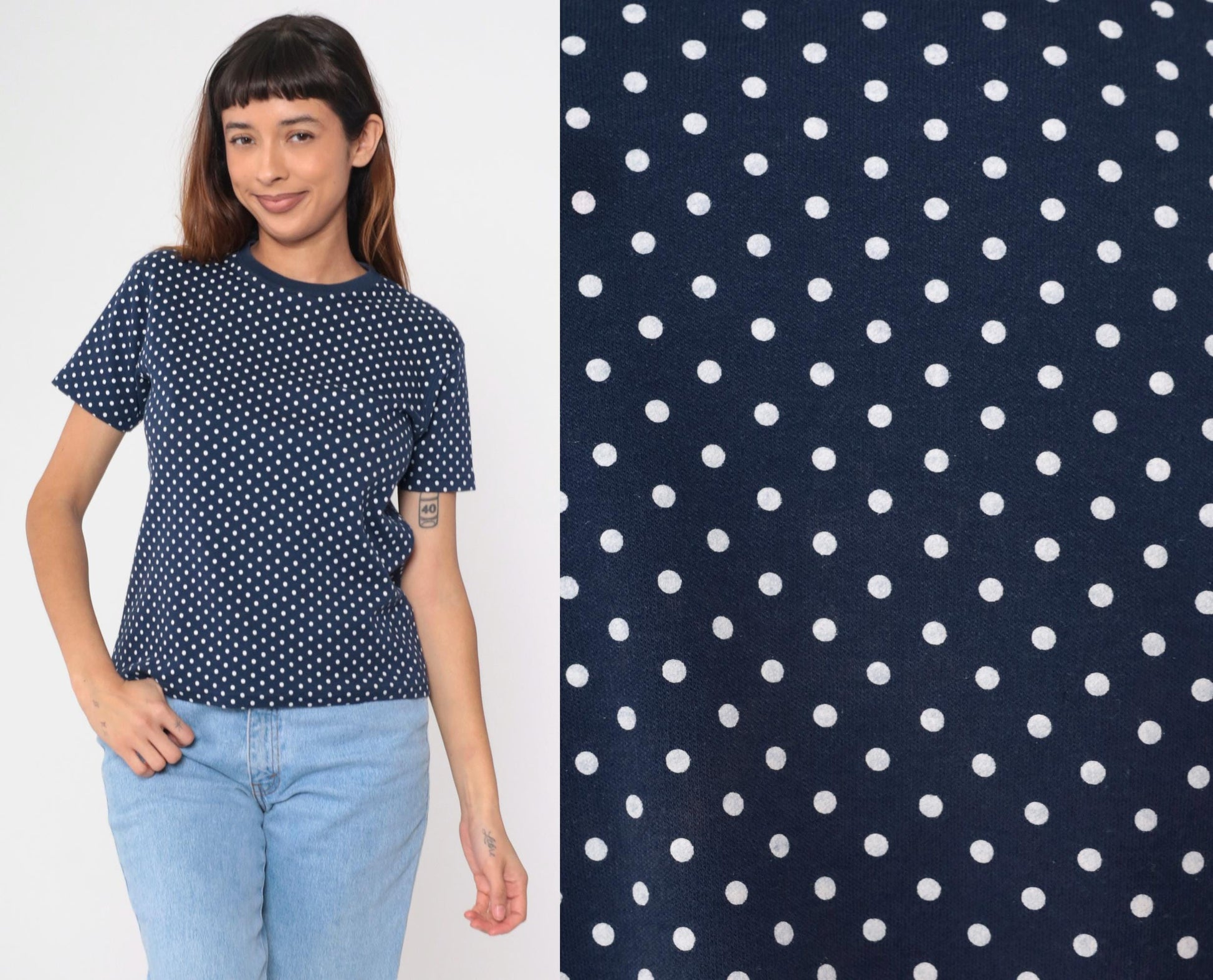 90s Navy Polka Dot T-Shirt White Dots Crewneck Petite Small