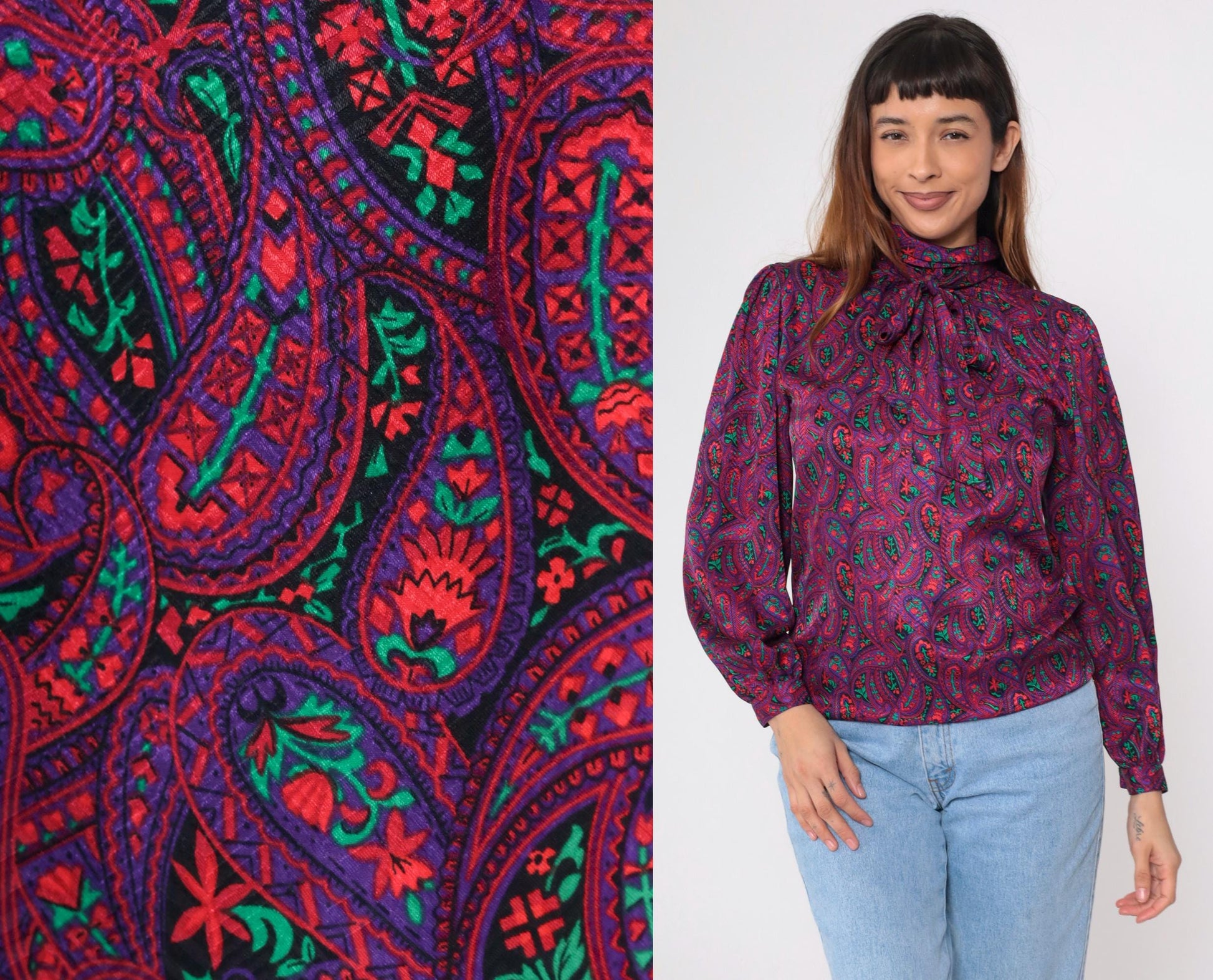 80s Paisley Necktie Blouse Red Purple Psychedelic Button-Up Long Sleeve Small