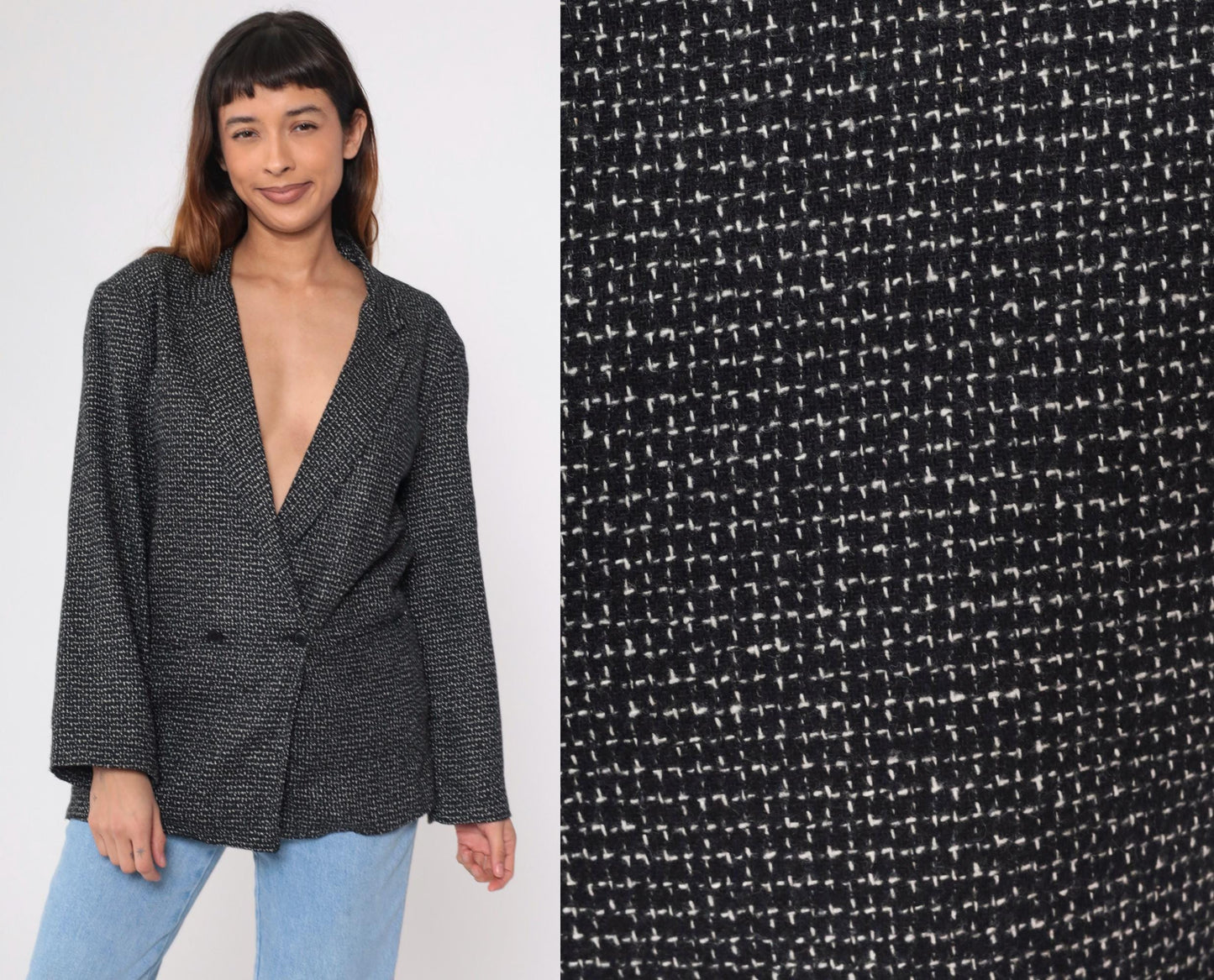 80s Black & White Textured Double-Breasted Blazer Deep V Neck Medium 36
