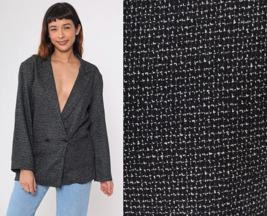 80s Black & White Textured Double-Breasted Blazer Deep V Neck Medium 36